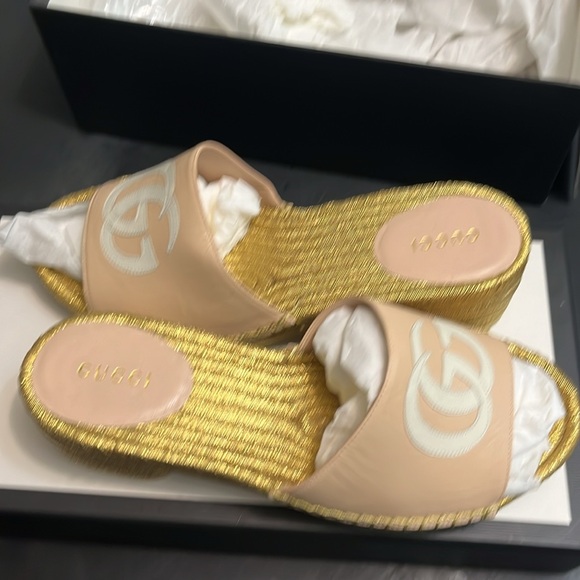 Gucci GG Espadrille Slide Sandals Pink & Gold EU 37,5  Block Heel Logo Emerald